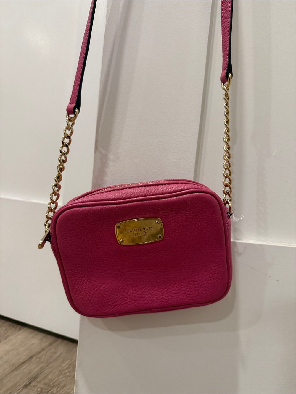 Michael Kors Hot Pink Leather Crossbody with Gold Chain